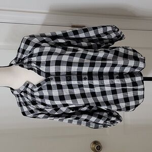 Time and Tru Size L (12-14) Black & White Buffalo Check Button Front Puff Sleeve
